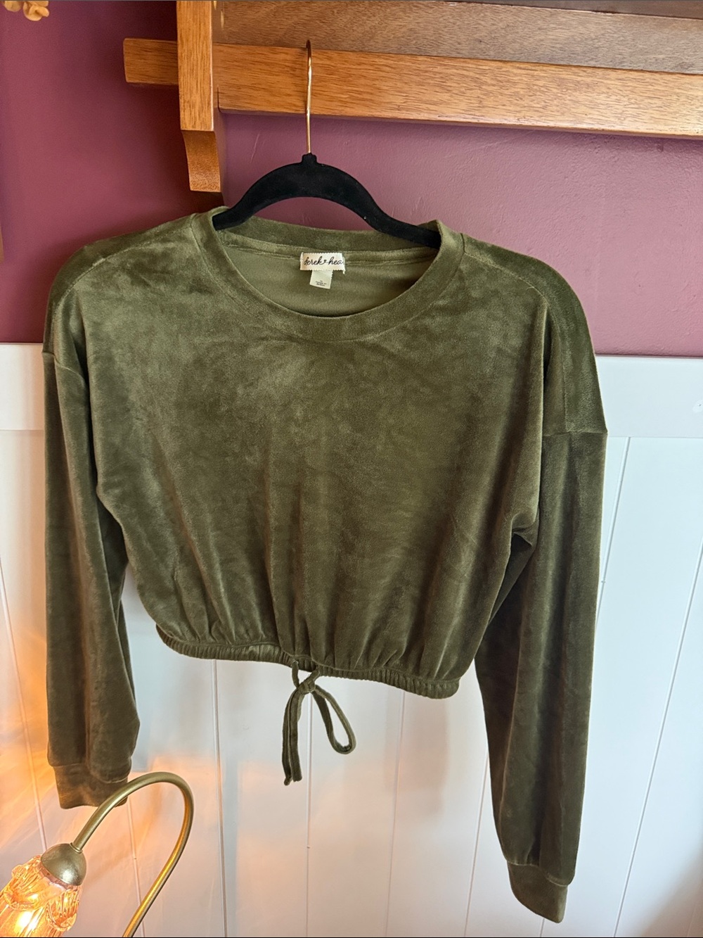 Derek Heart Olive Green Velvet Drawstring Crop Sweatshirt